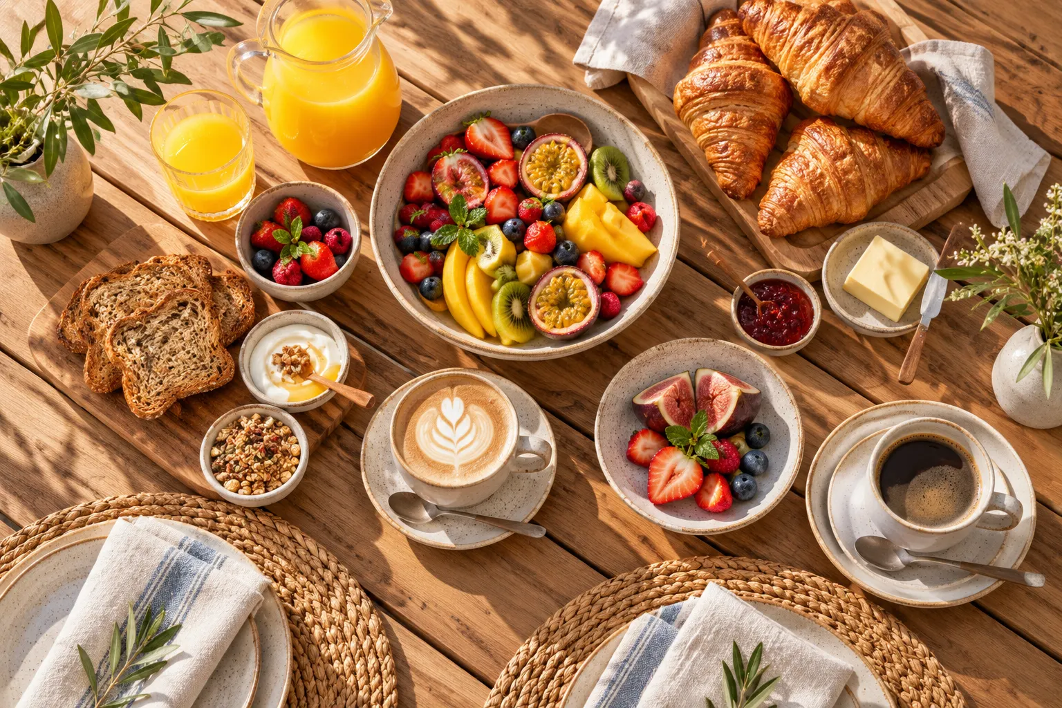 Breakfast of fruit, rusks, croissants and coffee on a wooden table