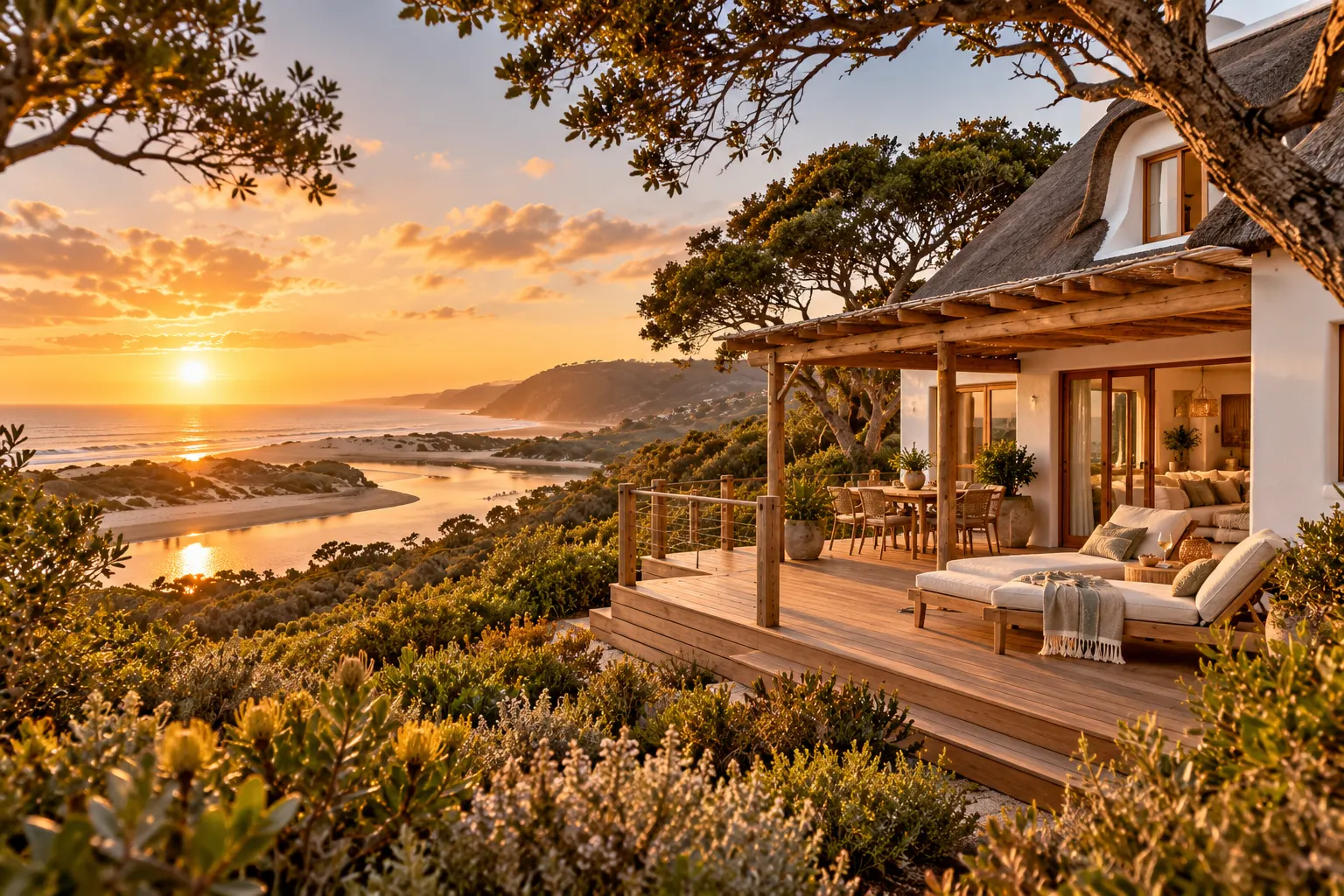 White thatched guesthouse among fynbos and milkwood trees